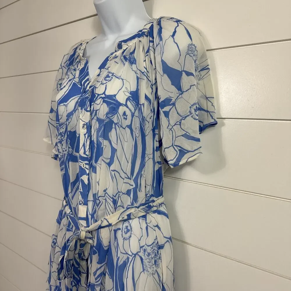 Anthropologie Pleated Button Front Dress Belted Blue White Floral Print sz M